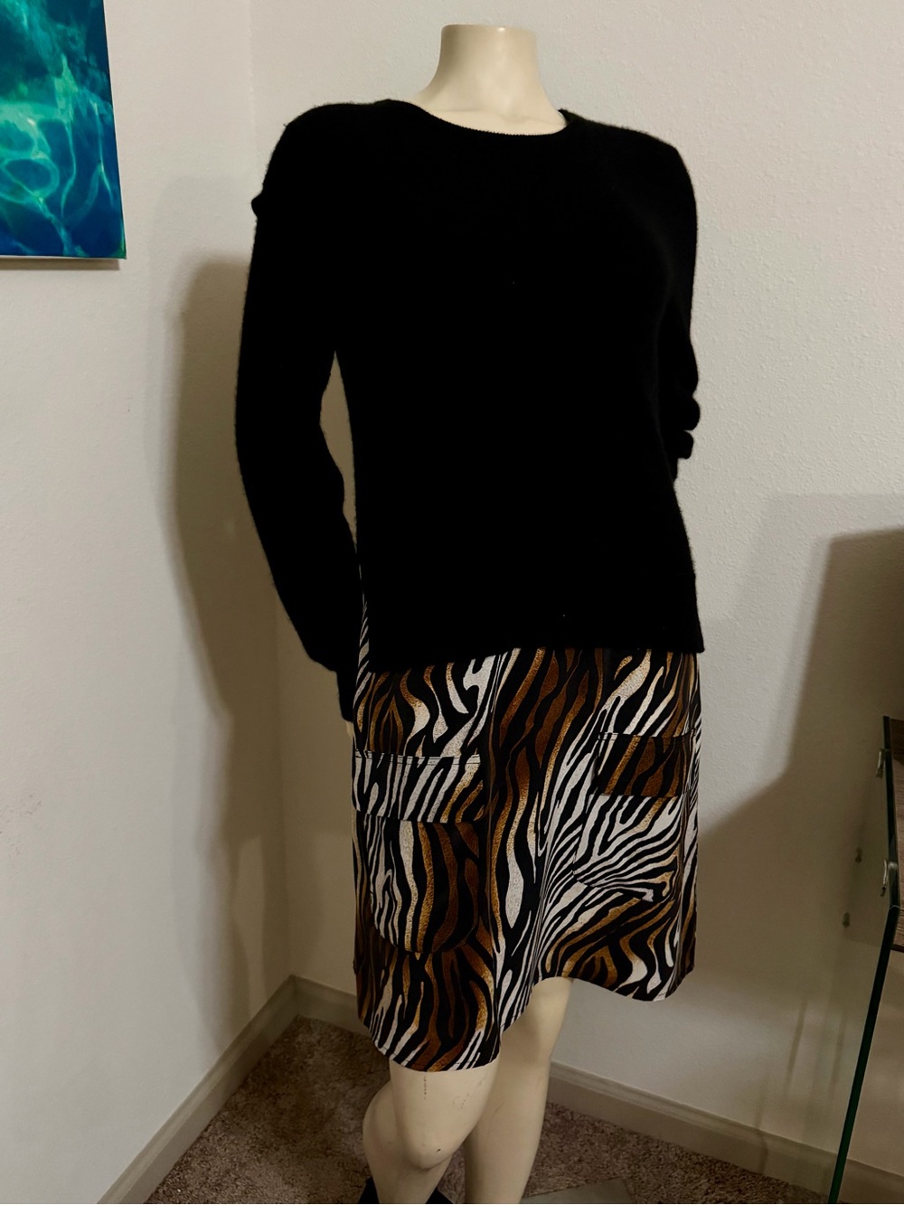 WORN ONCE!Black Sweater with Brown & White Zebra Print Skirt